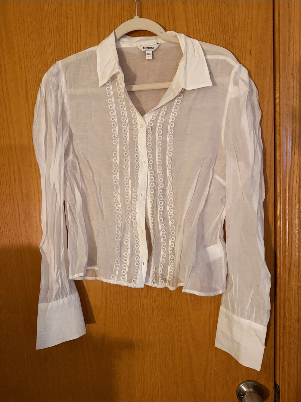 Express White Eyelet-Trim Button Down Blouse